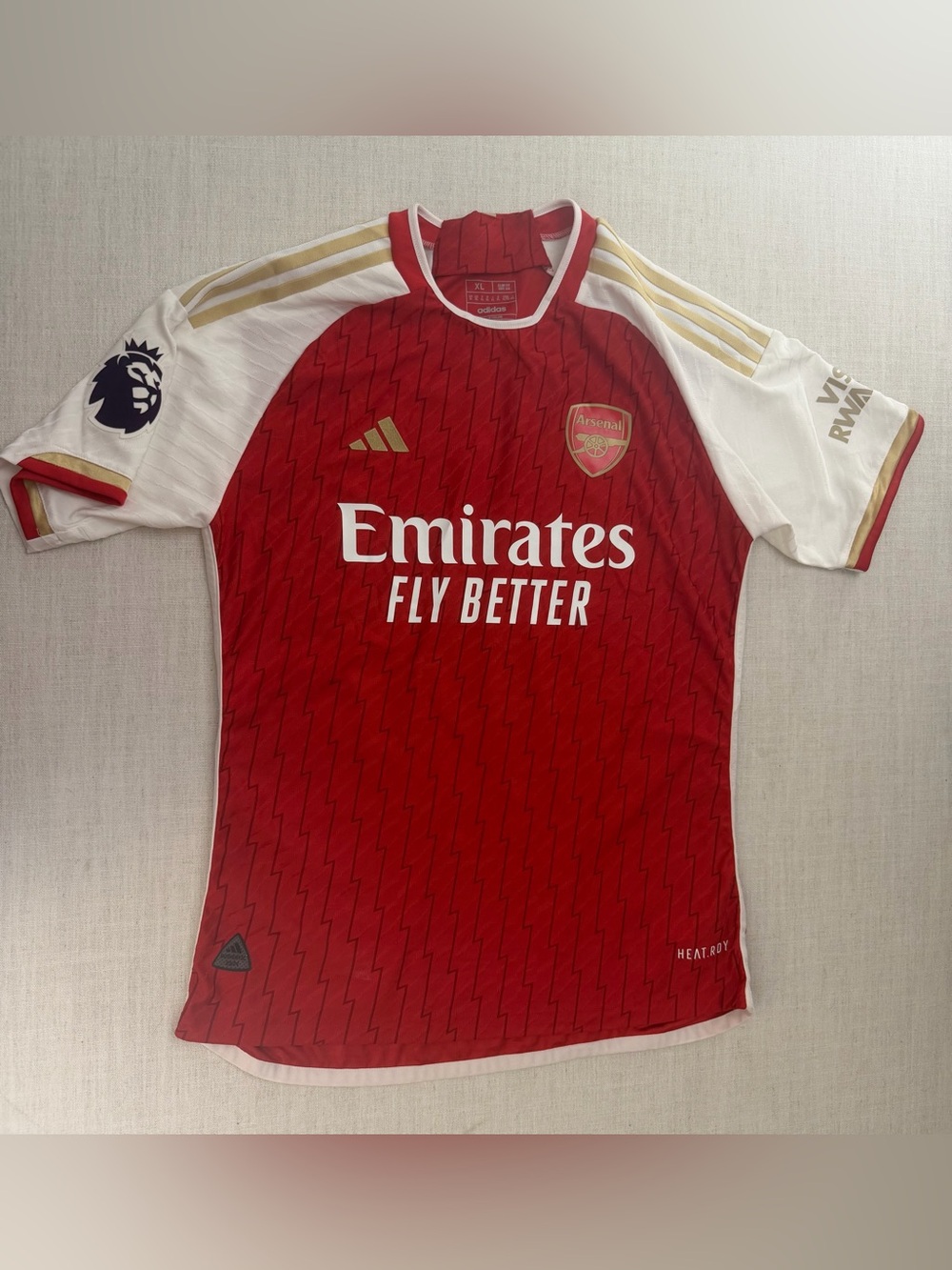 Arsenal Rice Adidas Red and White Football Jersey